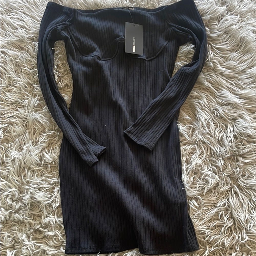 Fashion Nova Black Ribbed Off-Shoulder Bodycon Dress